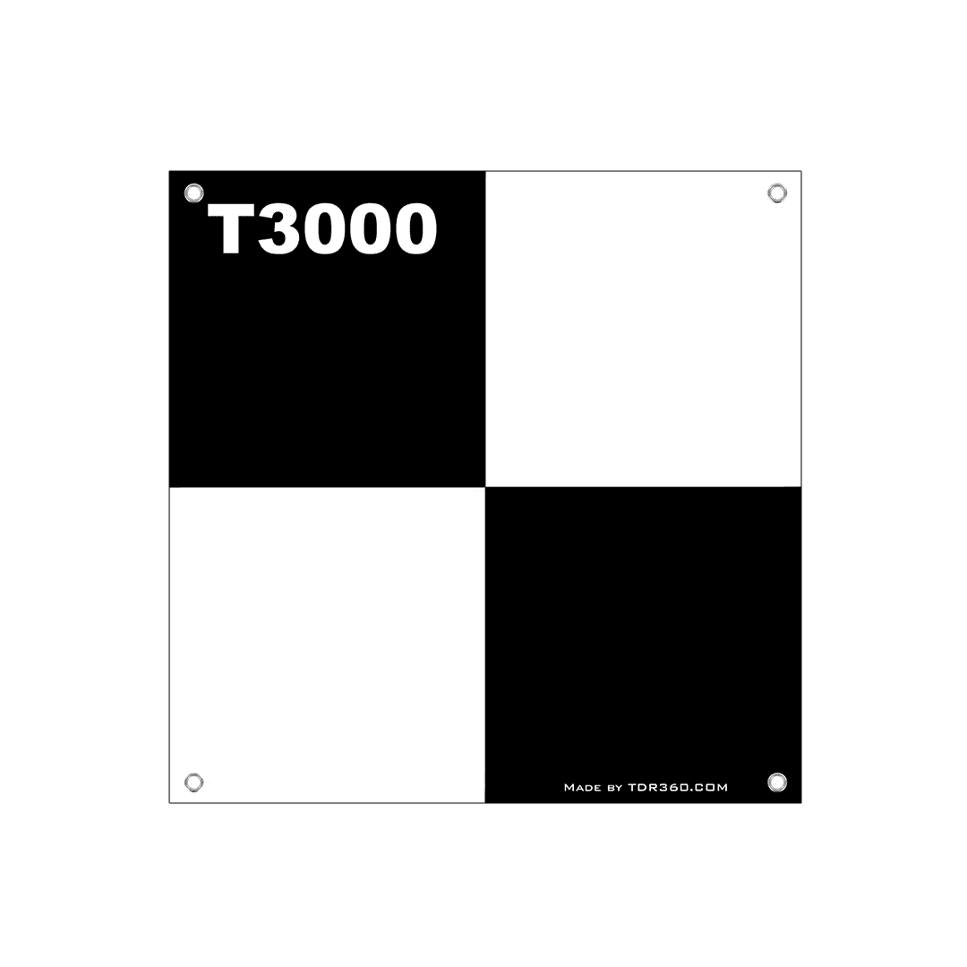 Cible drone haute visibilité T3000 avec design noir et blanc pour relevés topographiques précis.