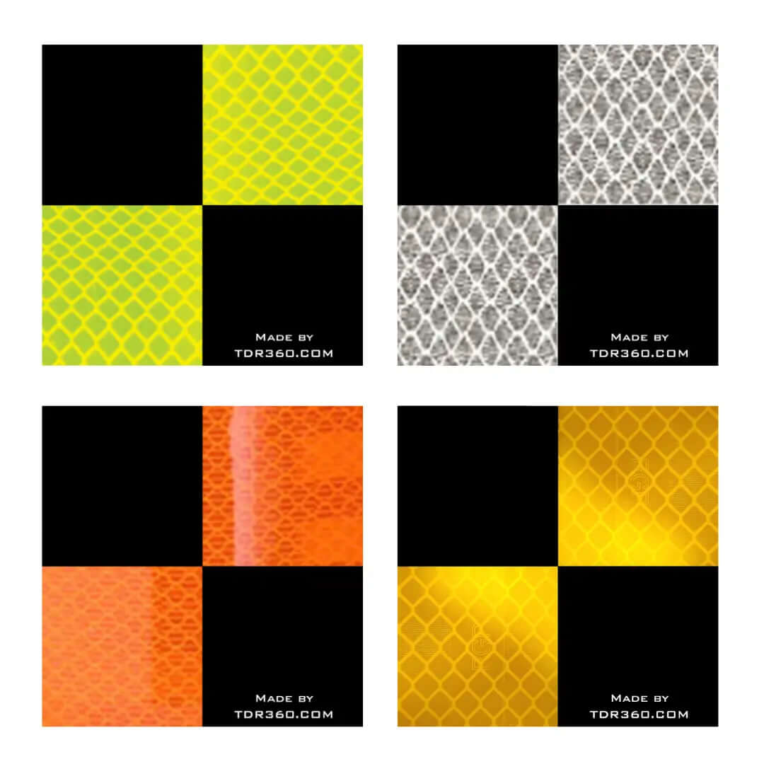 Échantillons de textures avec motifs en filet de différentes couleurs : jaune, orange, noir et argent.