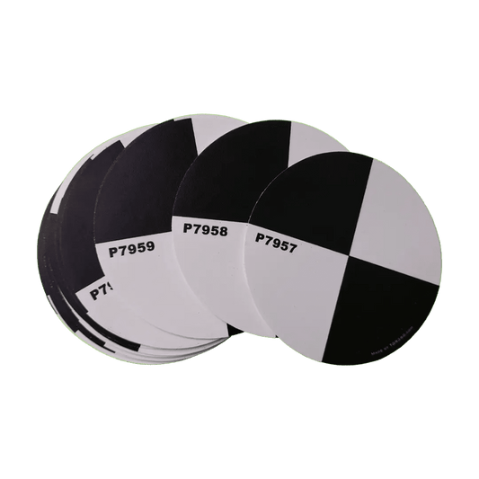 Set of round, self-adhesive, black and white checkered target discs for surveying, topography, and 3D laser scanning. TDR360.com